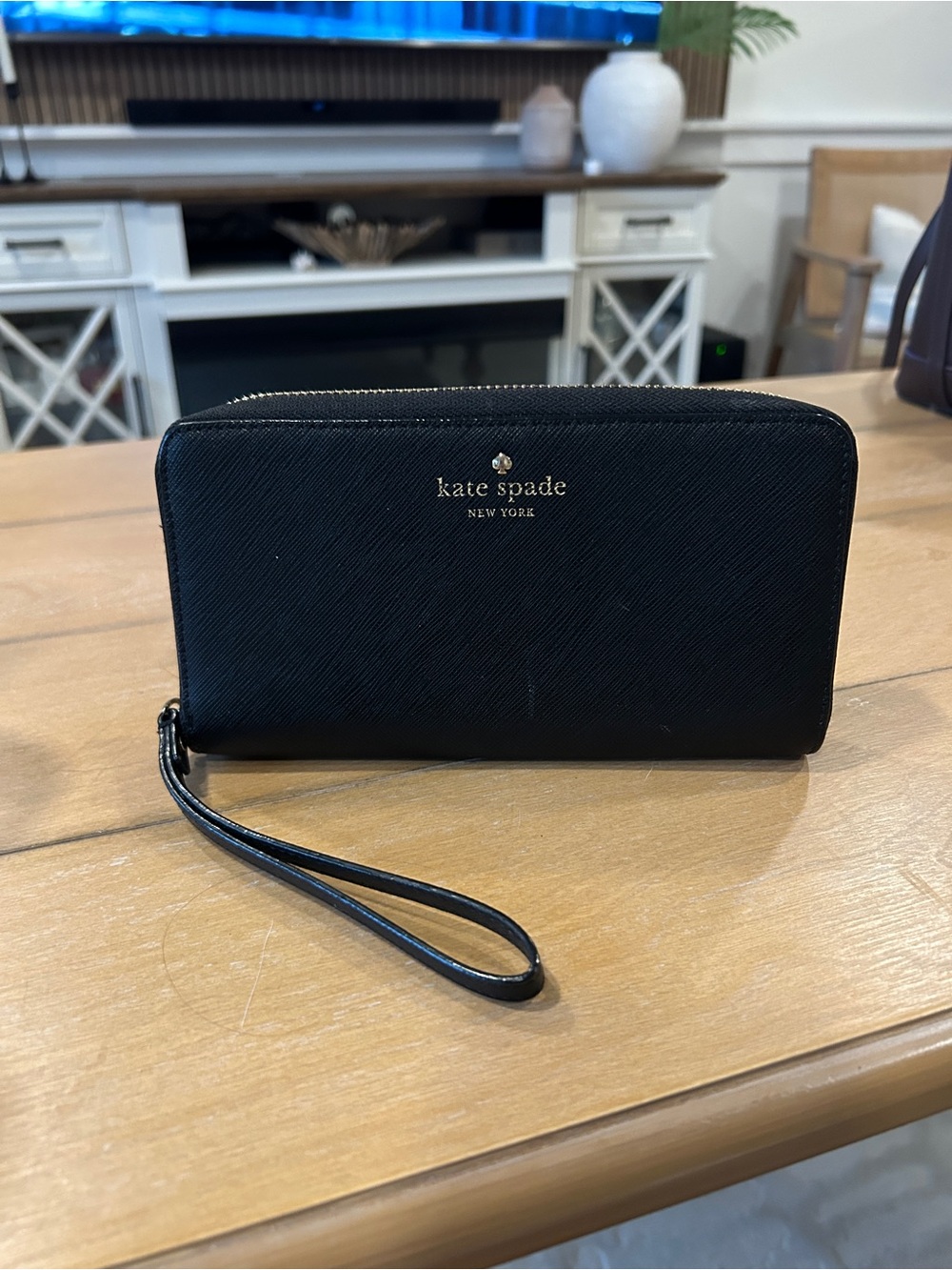 kate spade Black Saffiano Zip Wallet with Gold Logo